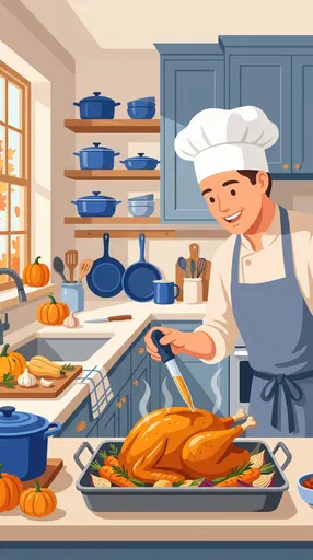 Chef Basting Thanksgiving Turkey in Kitchen