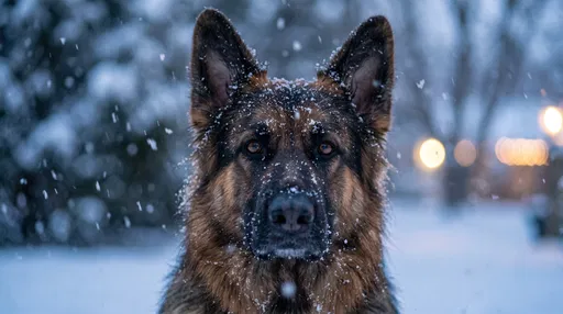 German Shepherd Portrait in Falling Snow