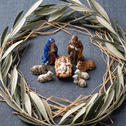 Porcelain Nativity Figurines in Olive Wreath
