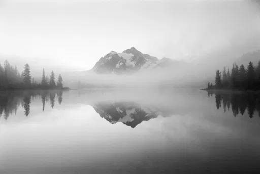 Misty Monochrome Mountain Lake Reflection