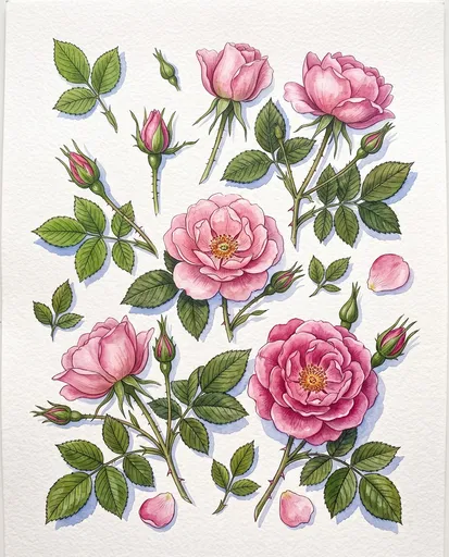 Watercolor Pink Roses Botanical Illustration