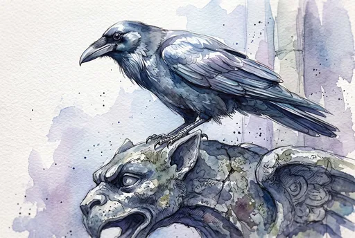 Watercolor Raven Perched on Stone Gargoyle