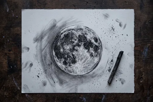 Charcoal Full Moon Drawing Flat Lay