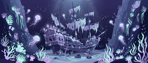 Sunken Pirate Shipwreck With Bioluminescent Jellyfish