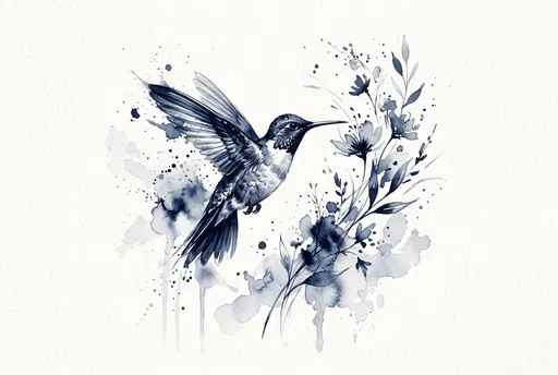 Indigo Watercolor Hummingbird and Botanical Illustration