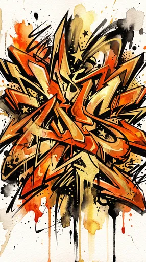 Abstract Orange and Gold Watercolor Graffiti
