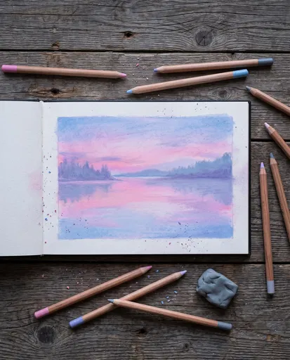 Pastel Lake Drawing in Open Sketchbook