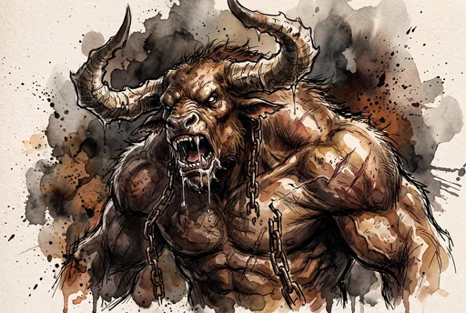 Watercolor Illustration of Fierce Minotaur Beast
