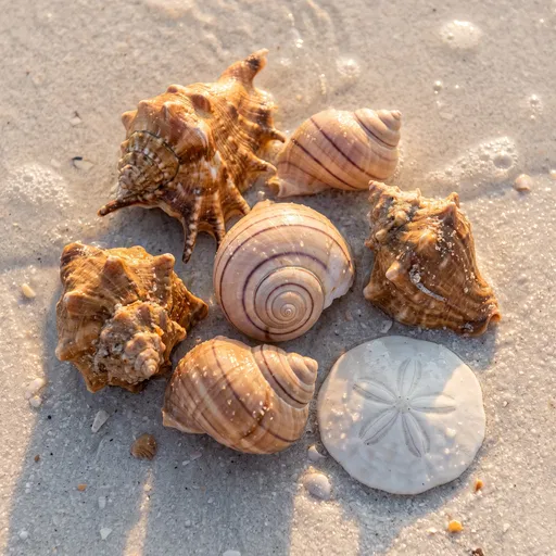 Seashells and Sand Dollar on Wet Sand