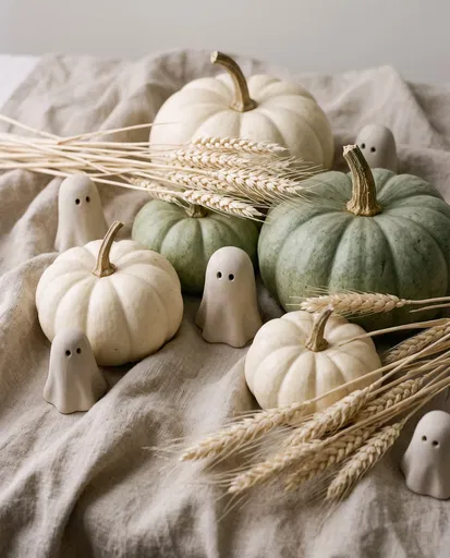 Neutral Pumpkins and Ceramic Ghosts Still Life