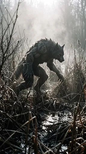 Werewolf Stalking Through Misty Marshland Reeds