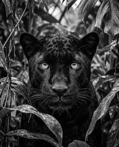 Monochrome Black Panther Portrait in Jungle
