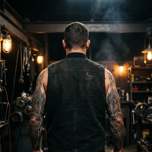 Tattooed Man in Dimly Lit Workshop