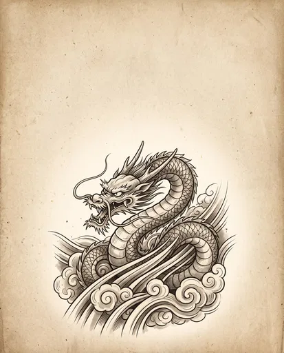 Japanese Dragon Tattoo Illustration on Aged Paper