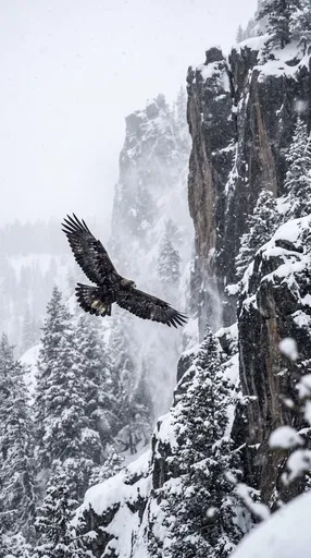 Golden Eagle Flying in Winter Snowstorm