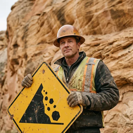 Construction Worker Holding Falling Rocks Sign