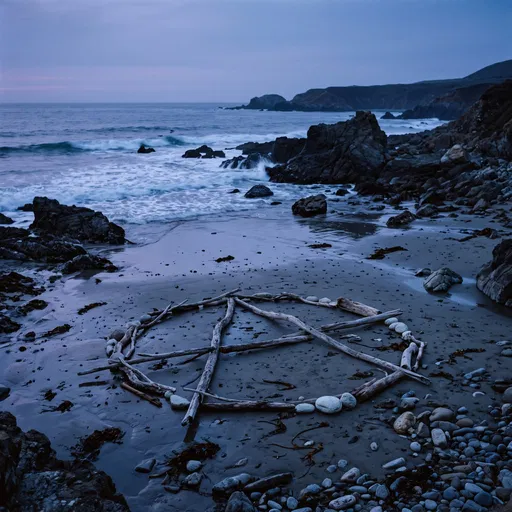 Driftwood Anarchy Symbol on Twilight Beach