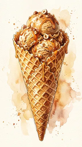 Watercolor Caramel Hazelnut Ice Cream Cone