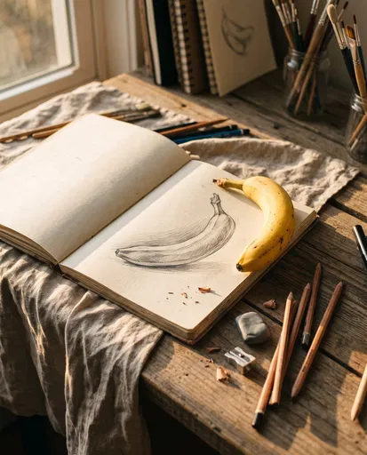 Banana Sketch and Real Fruit on Desk