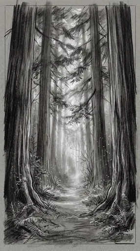 Charcoal Drawing of Redwood Forest Path