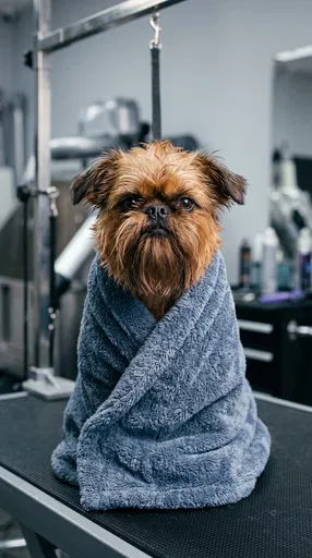 Brussels Griffon Wrapped in Blue Towel
