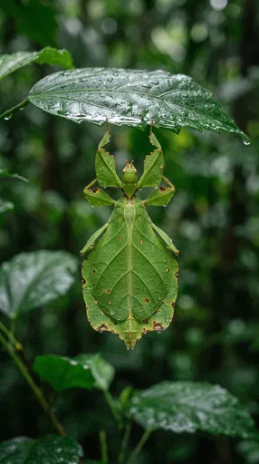Green Leaf Insect Hanging Beneath Wet Leaf