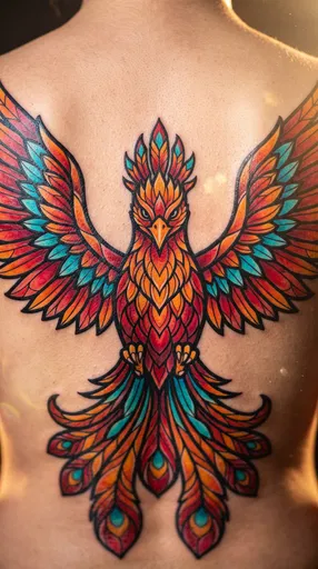 Vibrant Stained Glass Phoenix Back Tattoo