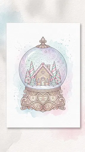 Pastel Gingerbread Snow Globe Watercolor Illustration