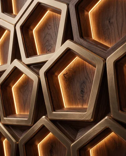 Lit Bronze and Walnut Pentagonal Wall