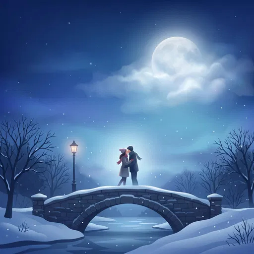 Couple Kissing on Snowy Bridge at Night
