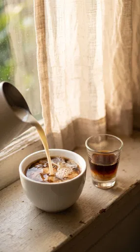 Pouring Milk Into Coffee by Sunny Window
