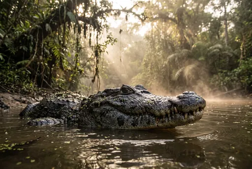 Black Caiman in Misty Jungle River