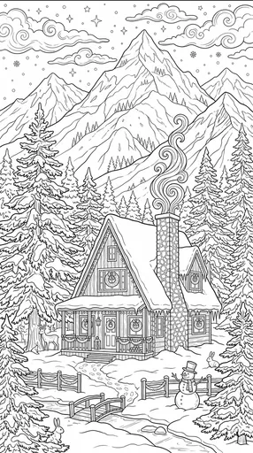 Winter Mountain Cabin Christmas Coloring Page