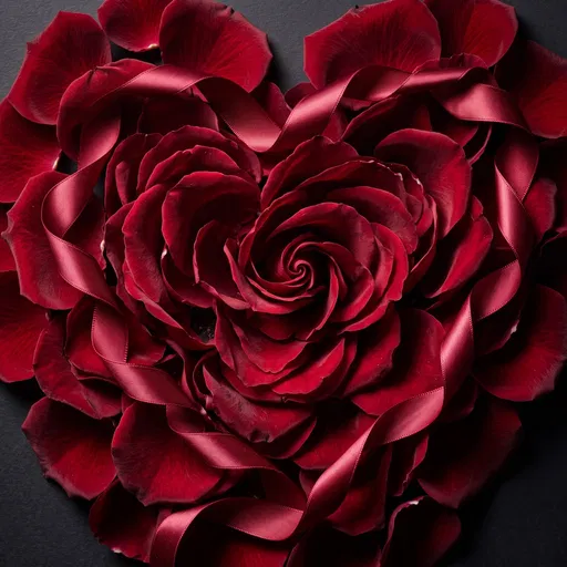 Crimson Rose Petals and Ribbon Heart