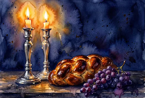 Watercolor Shabbat Candles Challah and Grapes