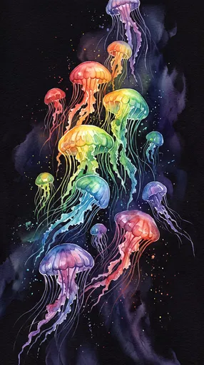 Rainbow Watercolor Jellyfish on Black Background