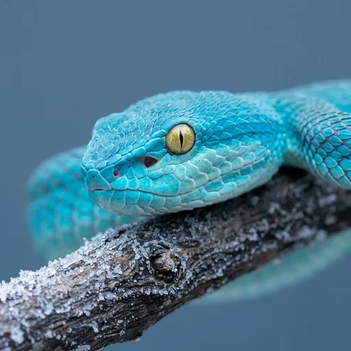 Cyan Pit Viper on Frosted Branch