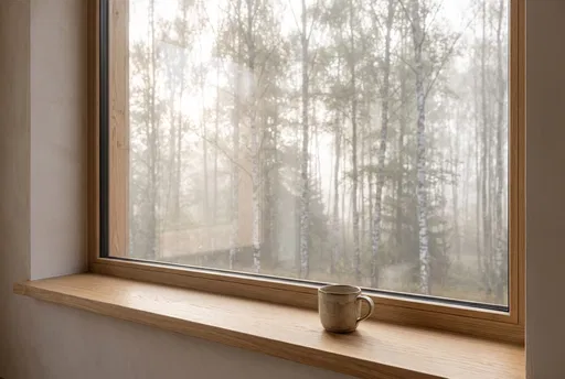 Ceramic Mug on Wooden Windowsill Overlooking Forest