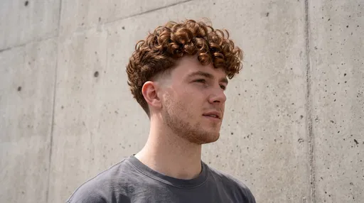 Young Man With Curly Auburn Taper Fade