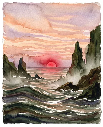 Watercolor Seascape with Crimson Sunset