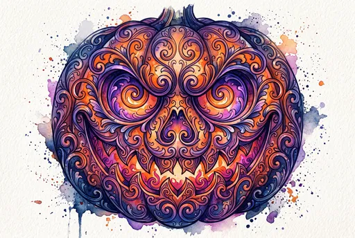 Ornate Watercolor Filigree Jack-O'-Lantern Illustration