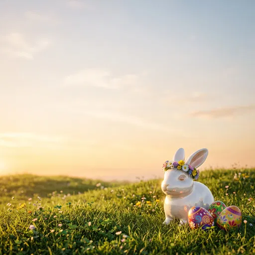 Ceramic Easter Bunny on Grassy Hill