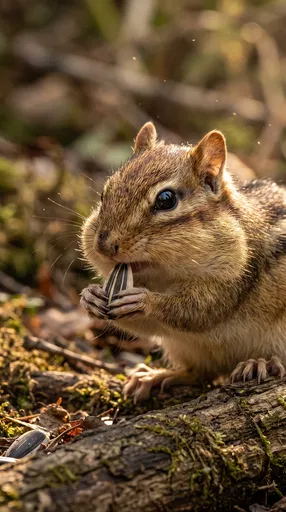 Chipmunk Eating Sunflower Seed on Log