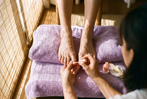 Manicurist Applying Peach Polish During Spa Pedicure