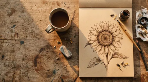 Sunflower Ink Sketch on Wooden Artist Desk