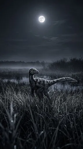 Feathered Troodon in Moonlit Marsh Grass