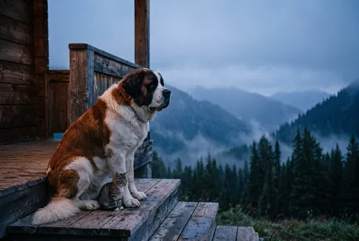 St. Bernard and Kitten on Mountain Porch