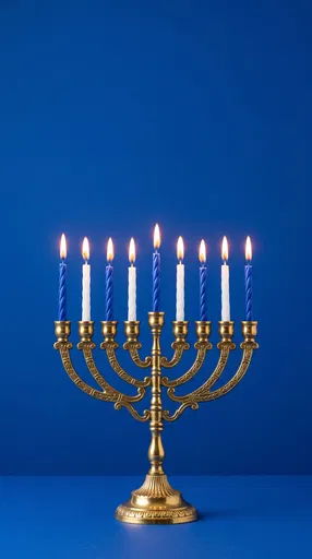 Lit Brass Menorah on Blue Background