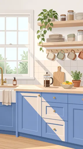 Scandinavian Kitchen Illustration with Blue Cabinets