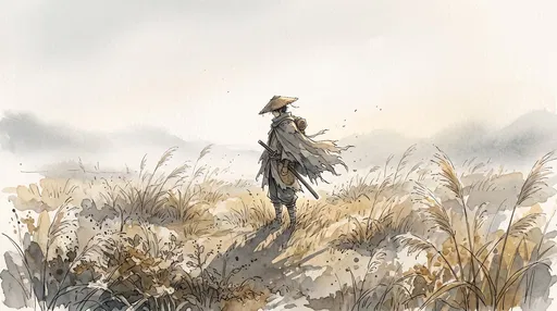 Watercolor Lone Swordsman in Autumn Field